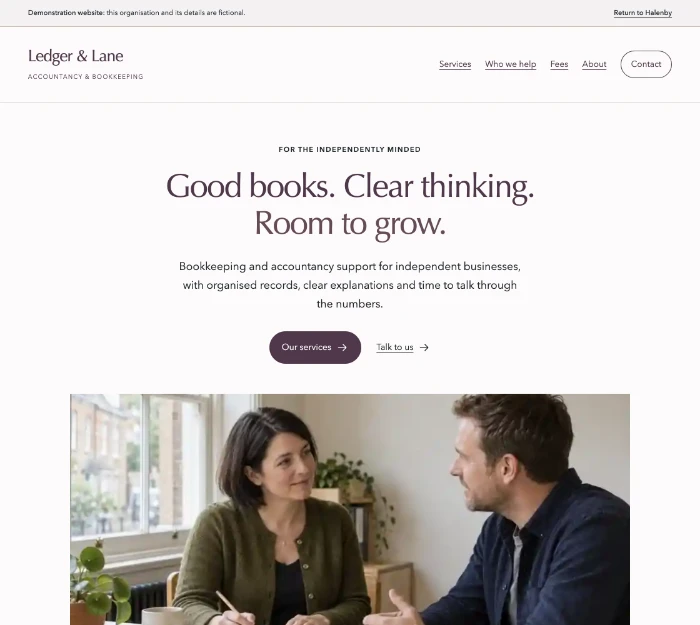 Ledger & Lane homepage — Personal & grounded design.