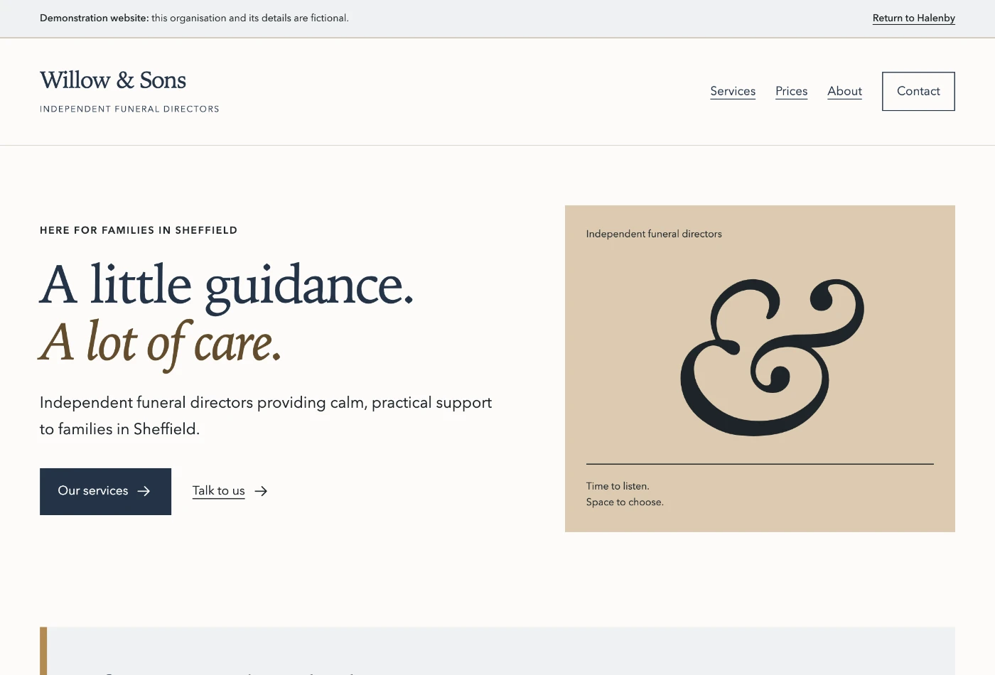 The Willow & Sons demonstration homepage, with an introduction, immediate guidance and links to services and prices.