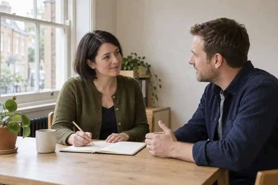 Two people talking over a notebook in a light-filled office.